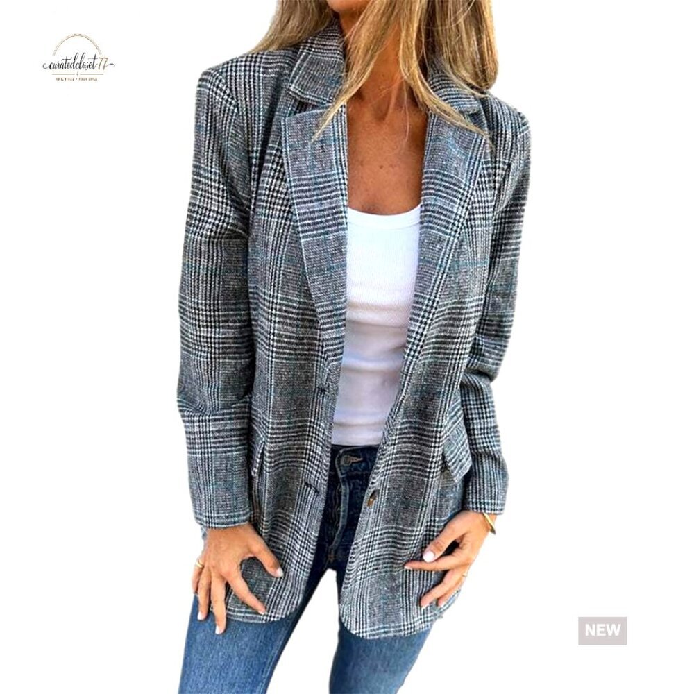 Tweed Blazer Plaid Houndstooth Oversized Business Casual Work Jacket Classic